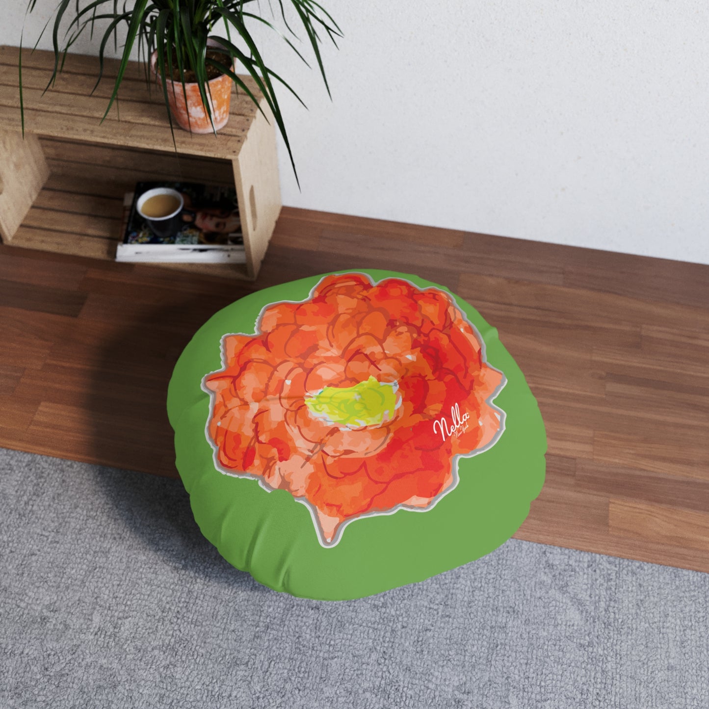 Round Tufted Floor Pillow with Poppy Flower Design